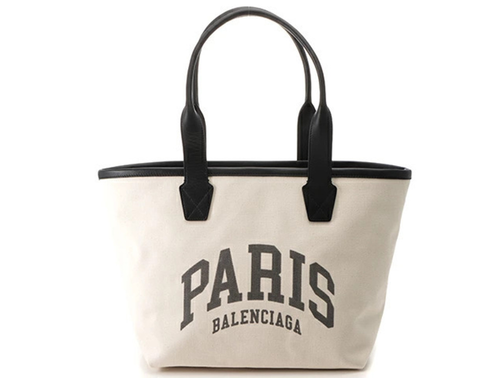Balenciaga Cities Paris Jumbo Tote Bag Beige Cream Black Canvas Calfskin